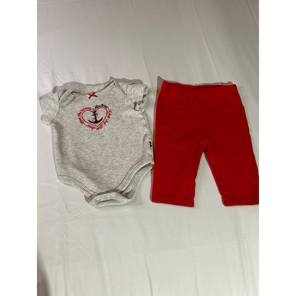 Nautica Baby Girls 3-6 Months Gray Anchor Heart Bodysuit Red Pants Outfit Set